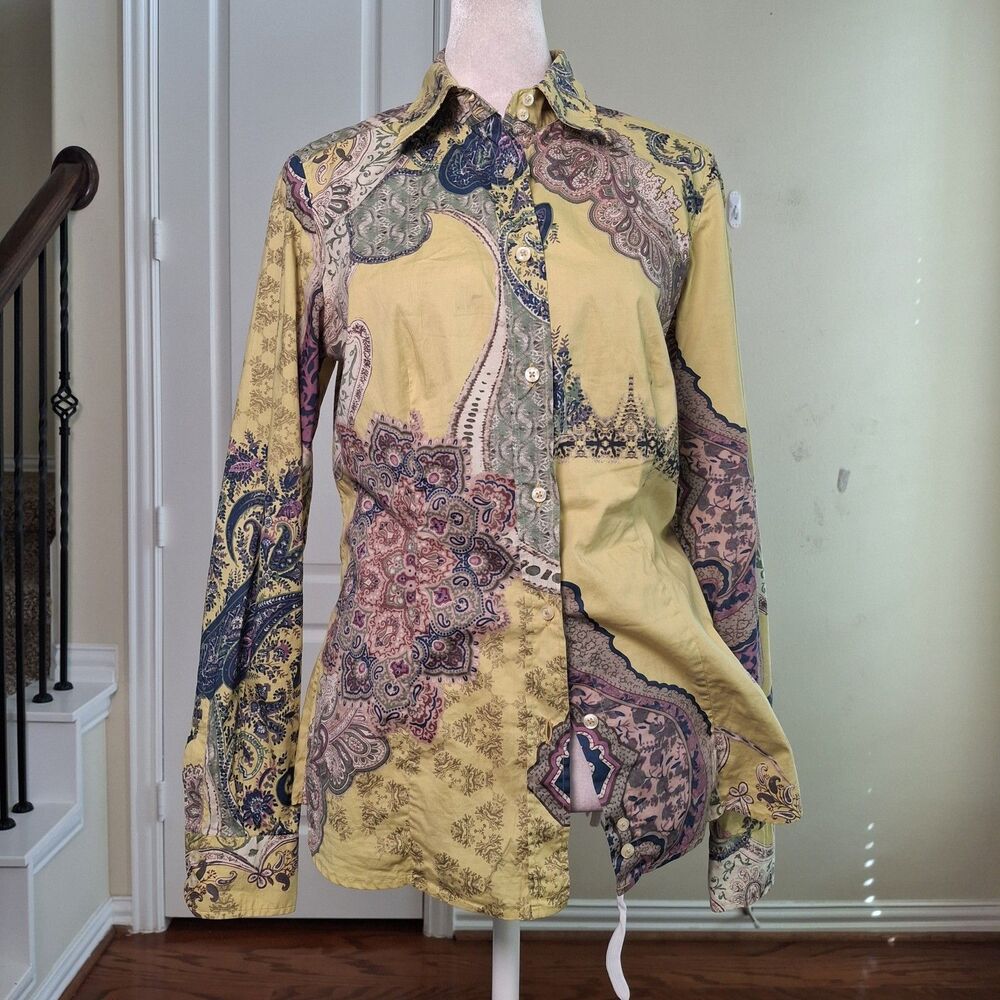 ETRO Italy Yellow Paisley Cotton Button Up Shirt Blouse Women 44/M Maximalist